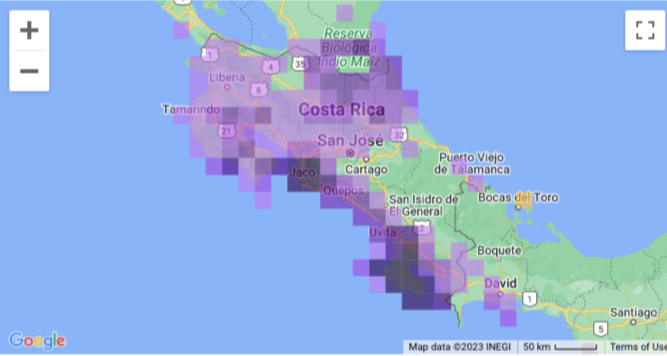 Range map Scarlett macaws in Costa Rica